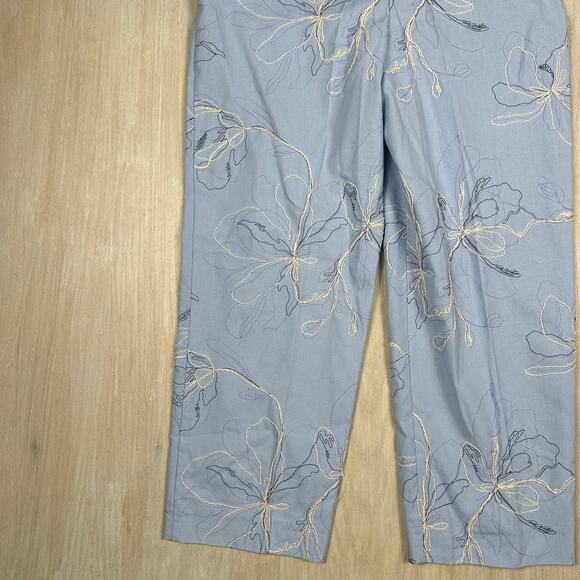 Zara Blue Floral Embroidered High Waist Elegant Chic Linen Blend Pants Medium - Picture 4 of 13